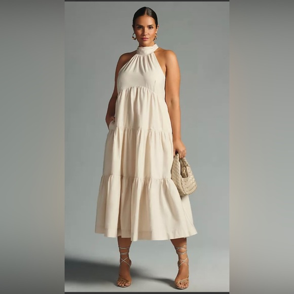 ANTHROPOLOGIE MAEVE SLEEVELESS TIERED HALTER MIDI DRESS COLOR OYSTER SIZE 8P NWT - Picture 1 of 16